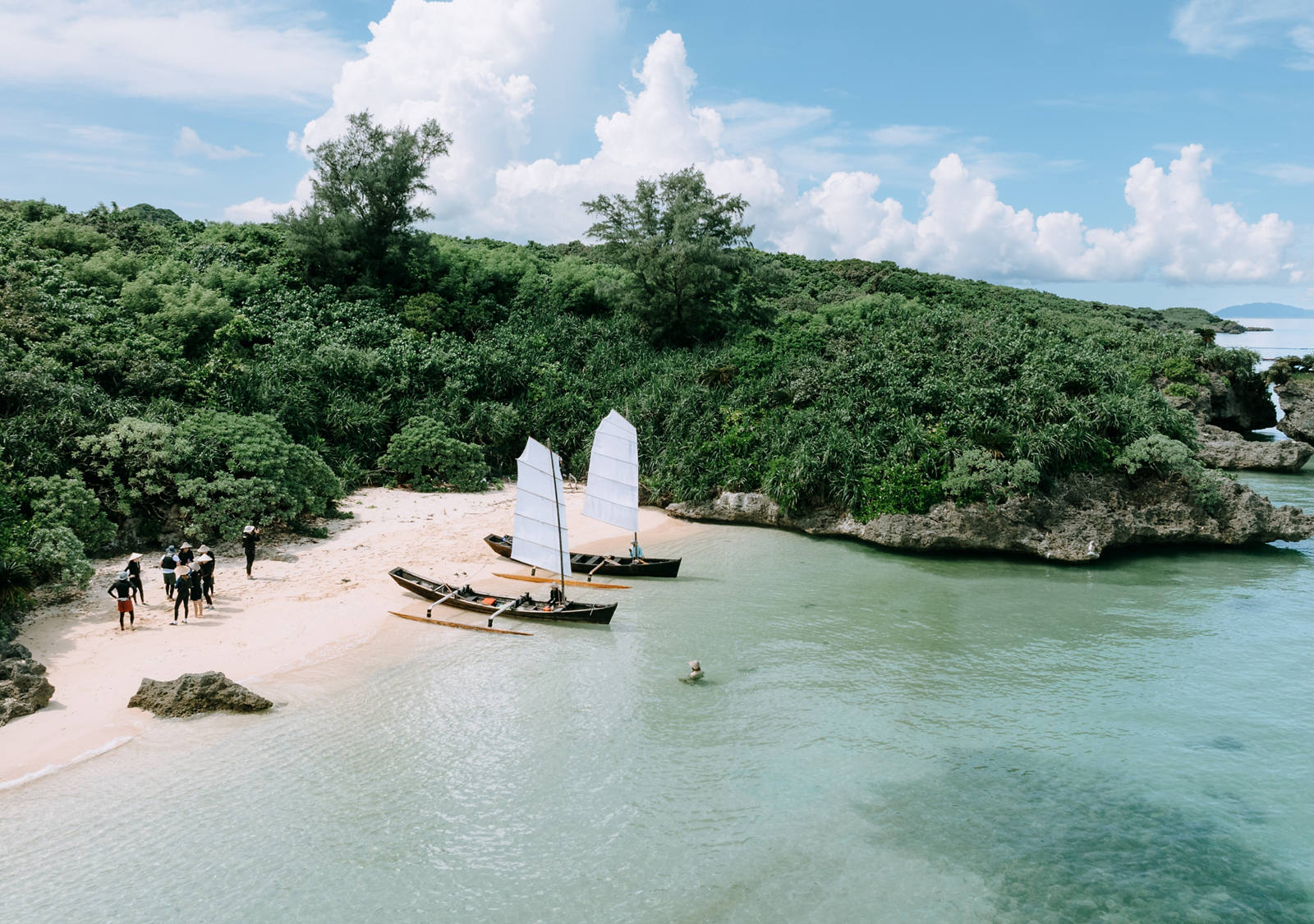 Due piccole imbarcazioni sono sulla spiaggia in una baia di una piccola isola verde nel mare limpido.