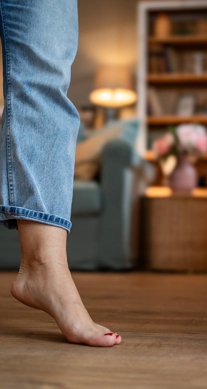 Eine Frau tanzt barfuss im Wohnzimmer