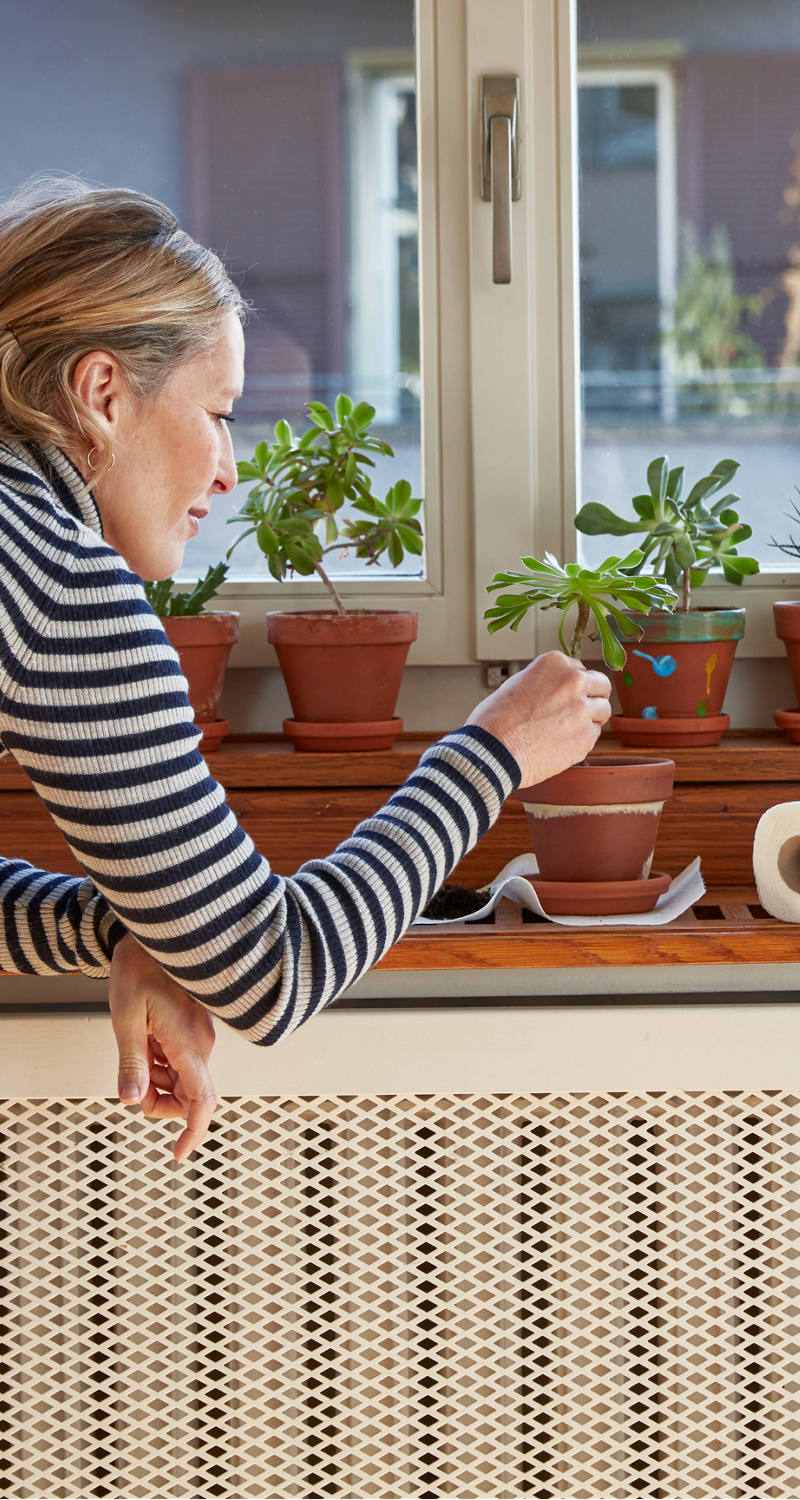 La femme cultive ses plantes, qui se trouvent sur le rebord de la fenêtre.