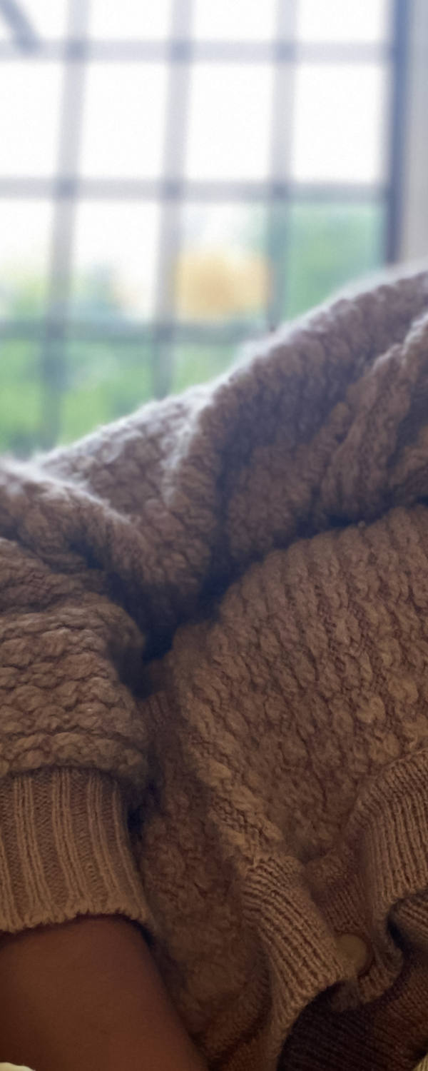 Une femme en pull brun est allongée dans un lit de réfection.