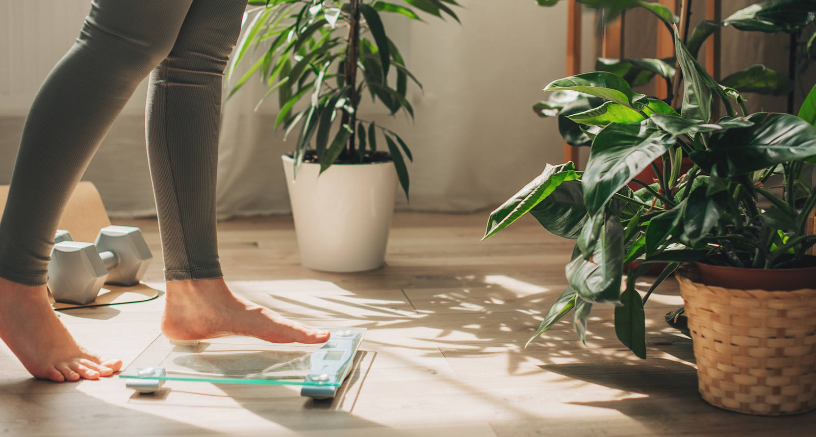 In a room with lots of plants, a woman stands on a bathroom scale.