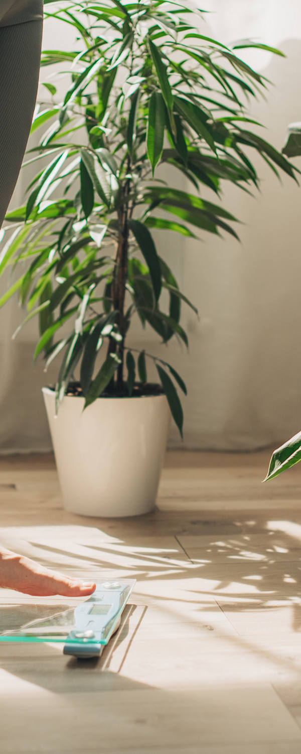 Dans une pièce où il y a beaucoup de plantes d’intérieur, une femme se tient debout sur une balance.