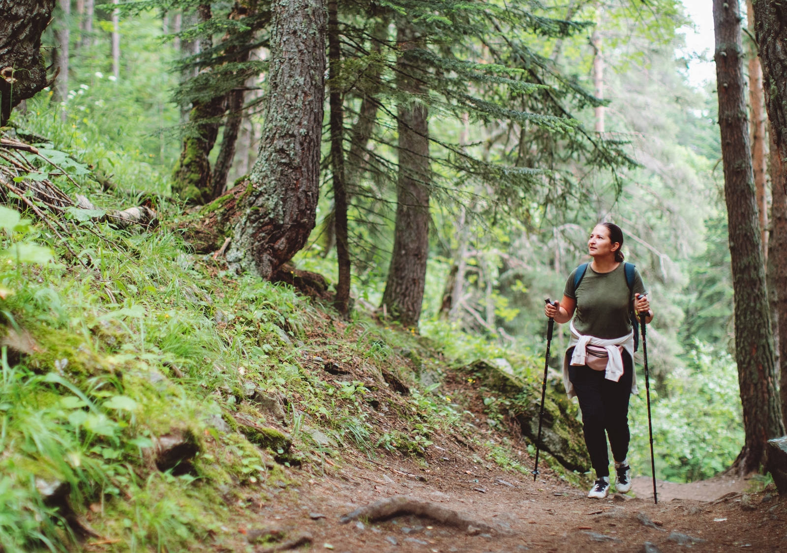 Frau geht an Stöcken in im Wald wandern