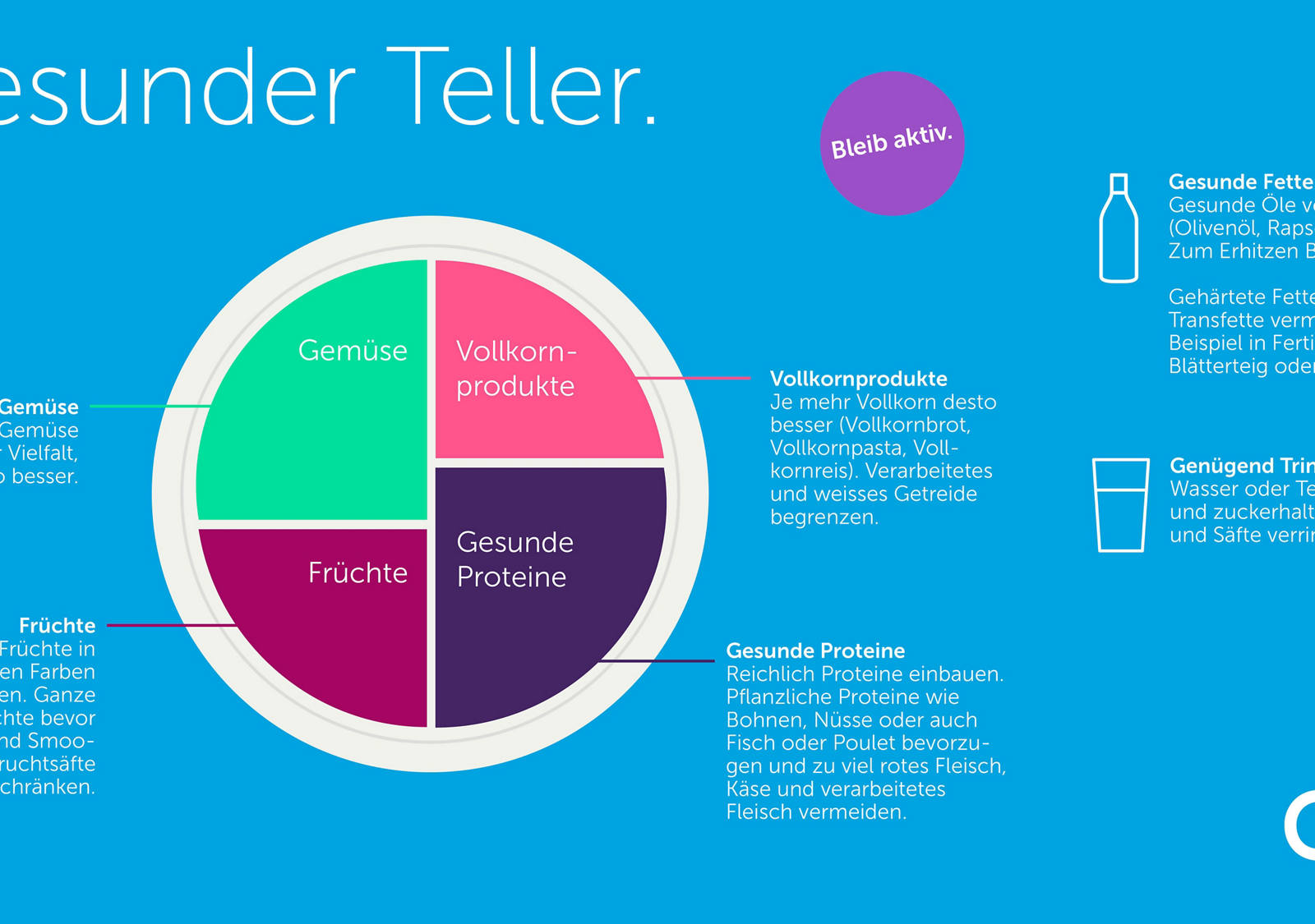 Gesunder Teller: Anteil Gemüse, Früchte, Vollkornprodukte, Gesunde Proteine