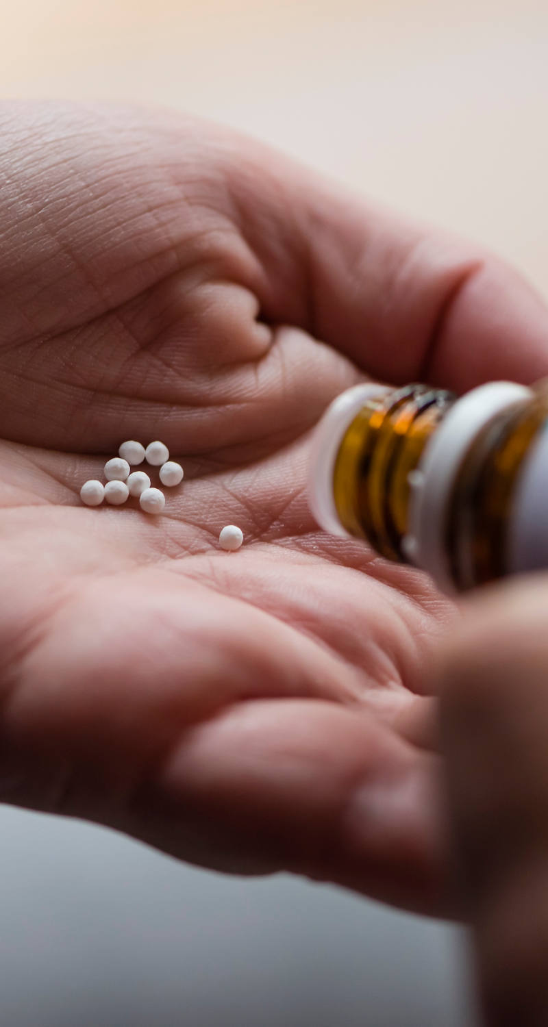 Eine Handfläche hält homöopathische Pillen