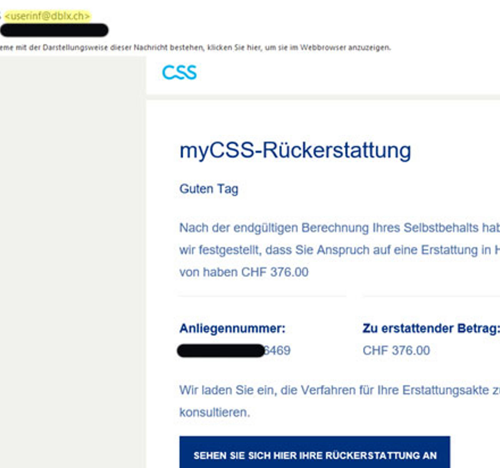 Mail di phishing relativa a rimborso myCSS (CHF 376.00) del 14.02.2024