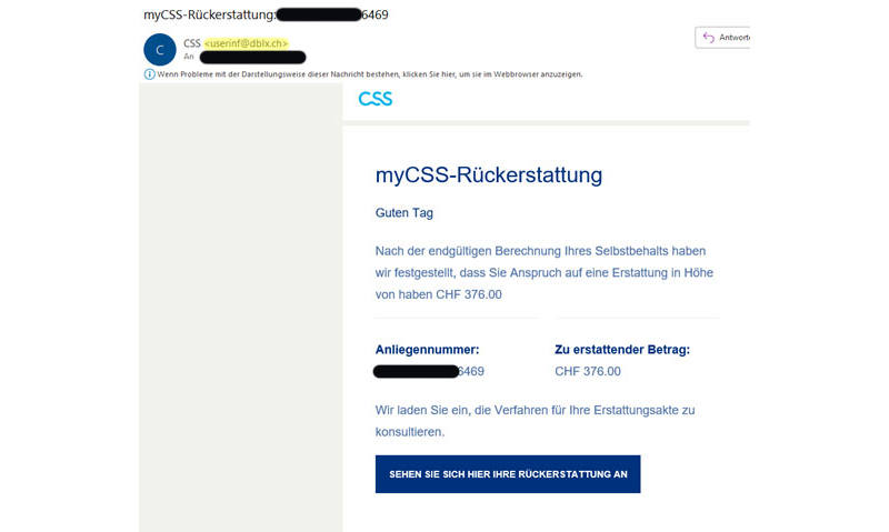 Phishing-Mail vom 14.02.2024: Gefälschtes E-Mail zu myCSS-Rückerstattung (CHF 376.00)