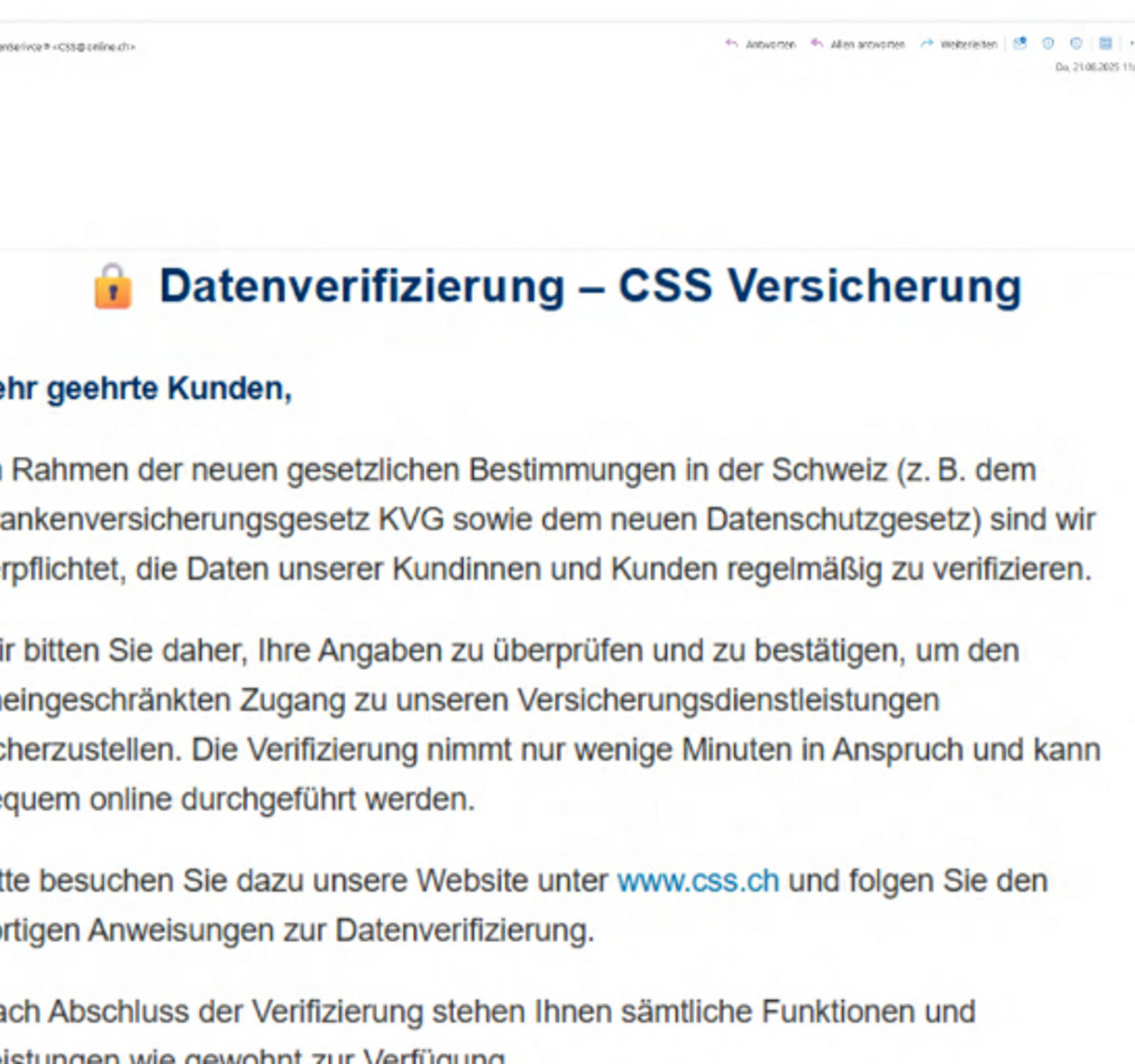 Phishing email on data verification of 21 August 2025