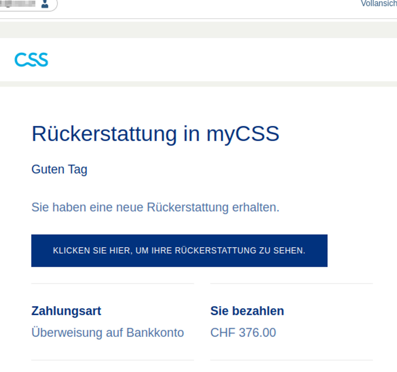 Phishing email regarding myCSS refund (CHF 376.00) dated 22 May 2024