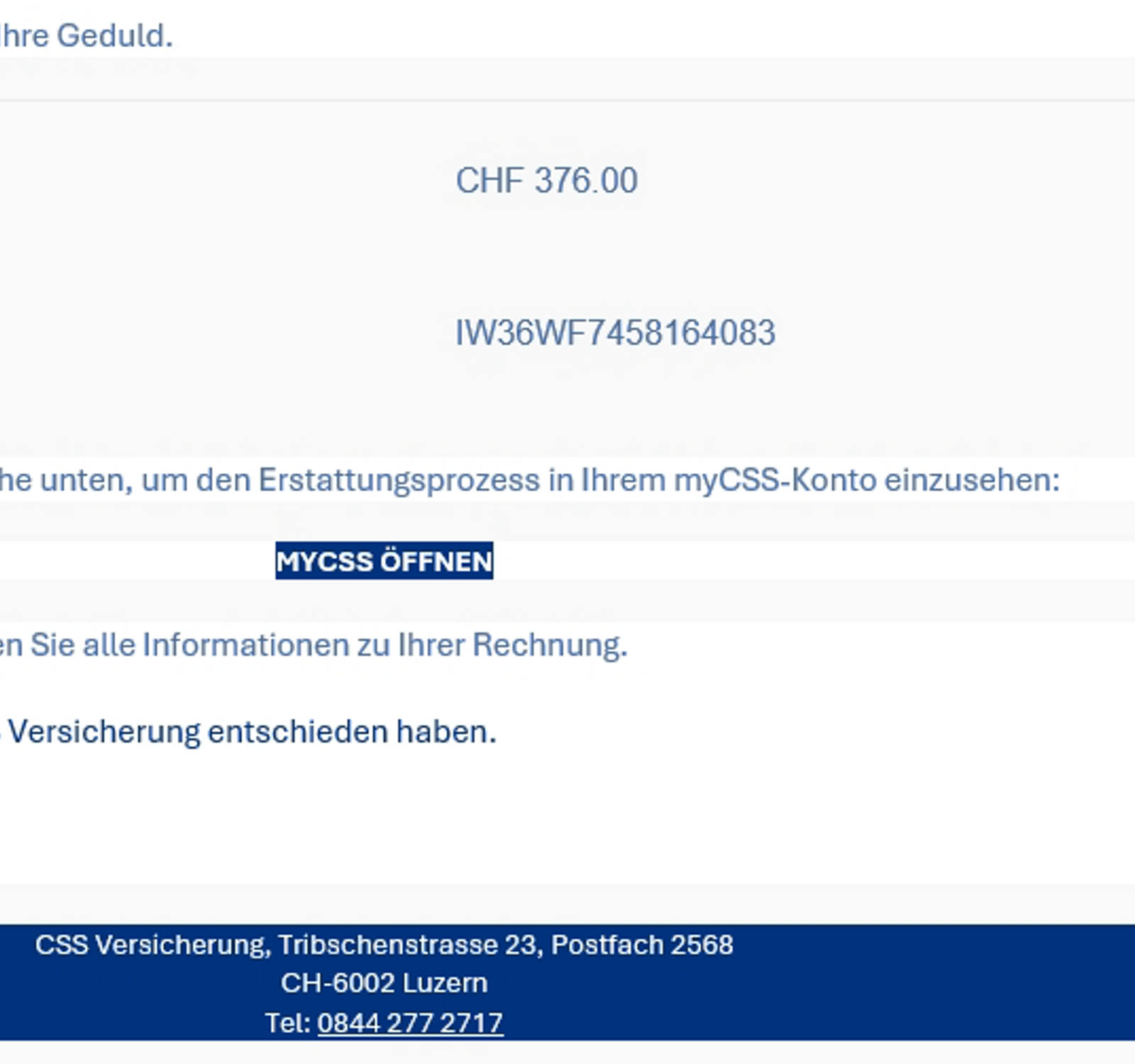 Mail di phishing relativa a rimborso myCSS (CHF 376.00) del  23.12.2024