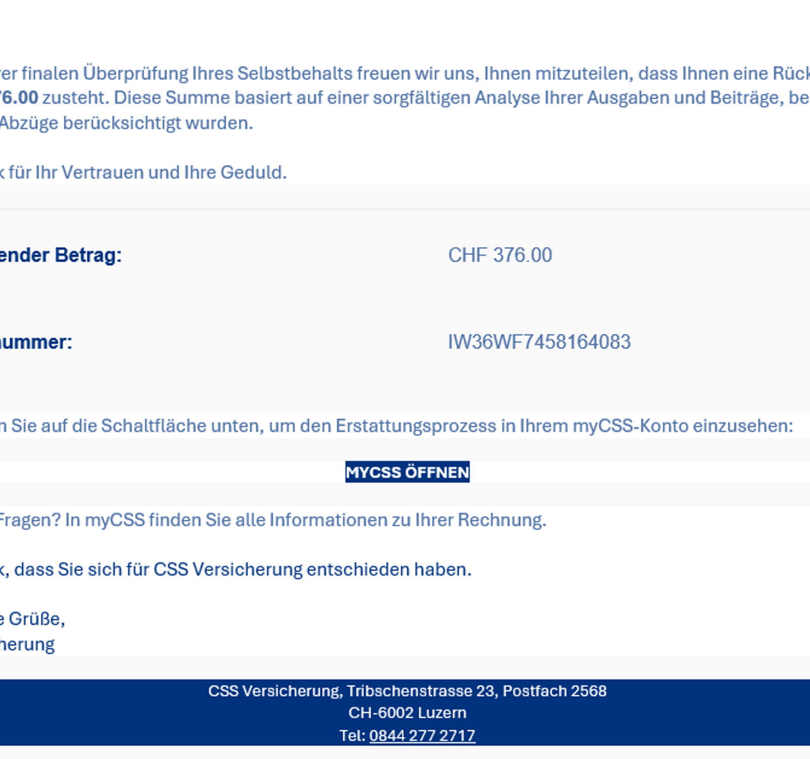 Phishing-Mail vom 23.12.2024: Gefälschtes E-Mail zu myCSS-Rückerstattung (CHF 376.00)