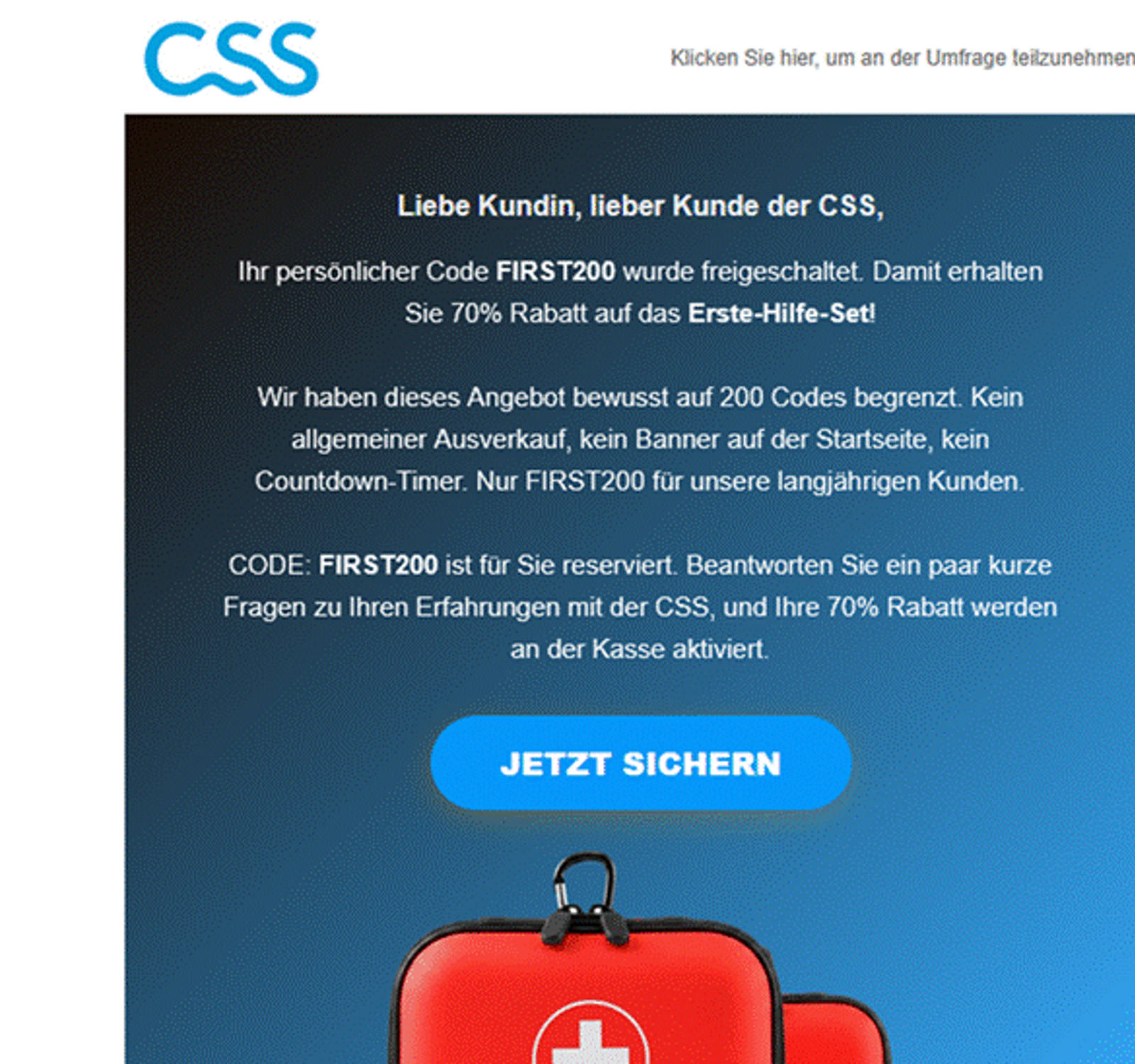 Phishing-Mail zu Erste-Hilfe-Set (70% Rabatt) vom 10.06.2026