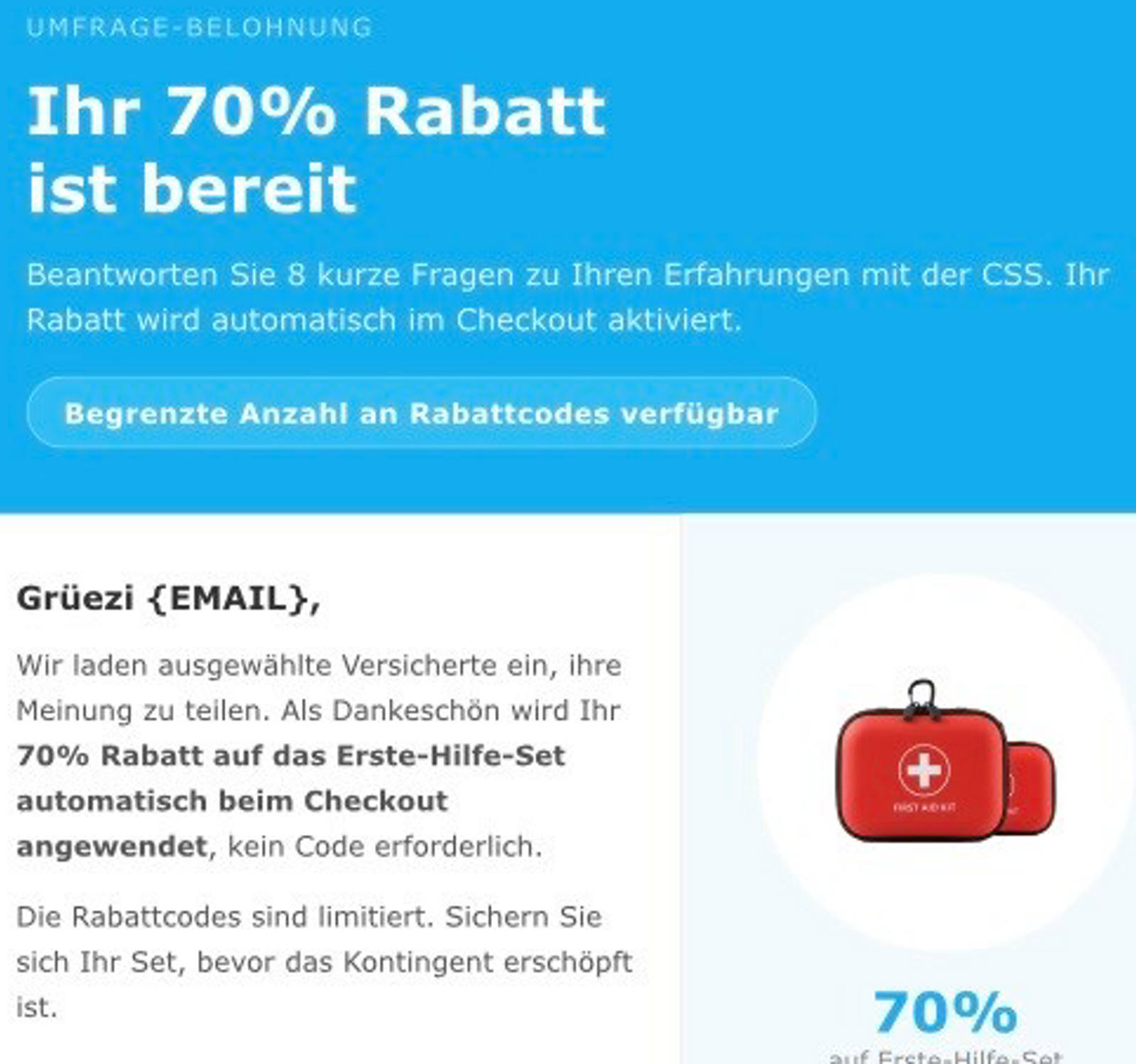 Phishing-Mail zu Erste-Hilfe-Set (70% Rabatt) vom 16.07.2026
