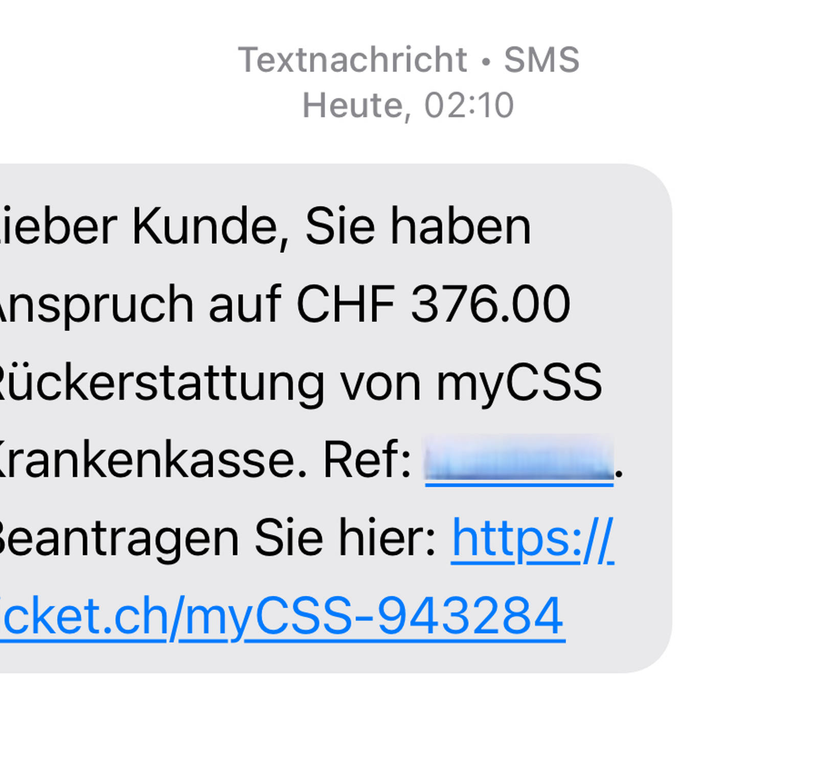 Phishing SMS regarding myCSS refund (CHF 376.00) dated 19 February 2025