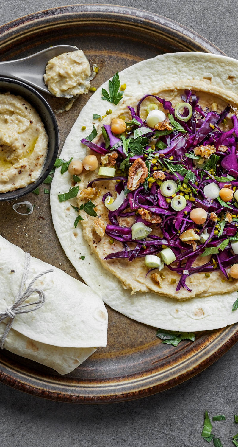 Rezept Rotkohl-Tortilla mit Birnen Hummus