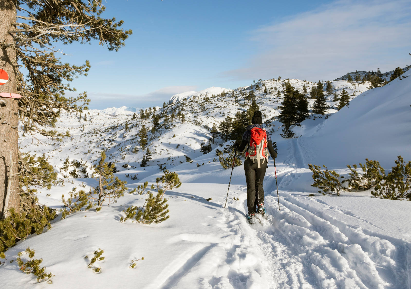Une personne se promène dans le paysage hivernal en raquettes.