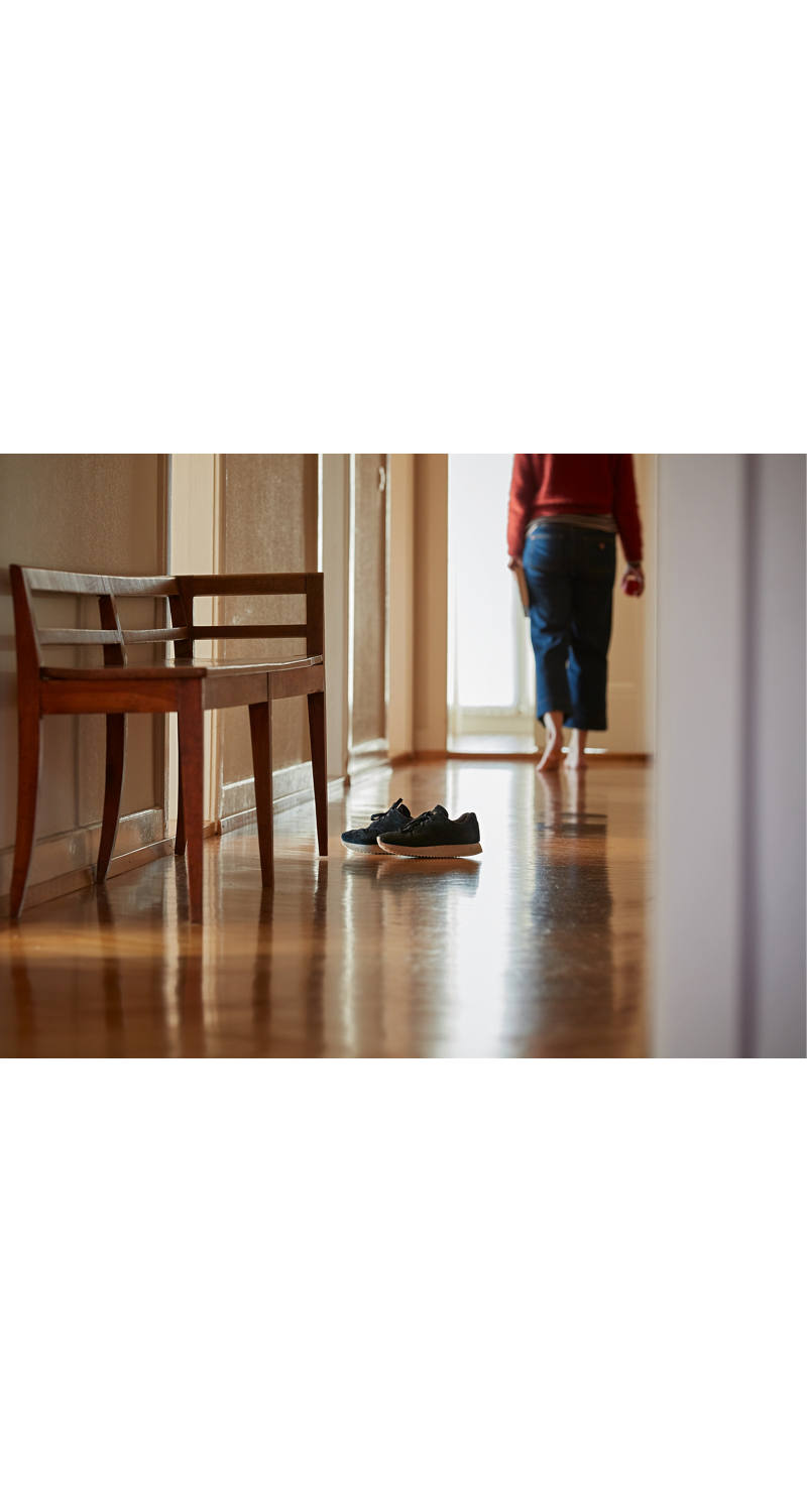 Une femme traverse l’appartement pieds nus.