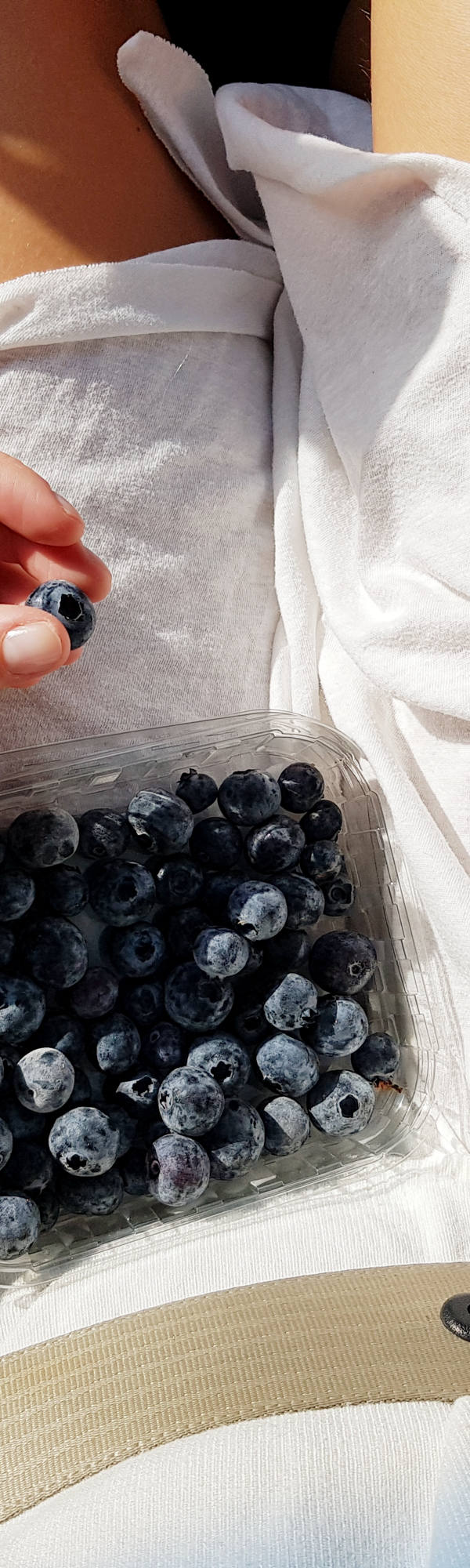A woman in the car has a box of blueberry on her lap.