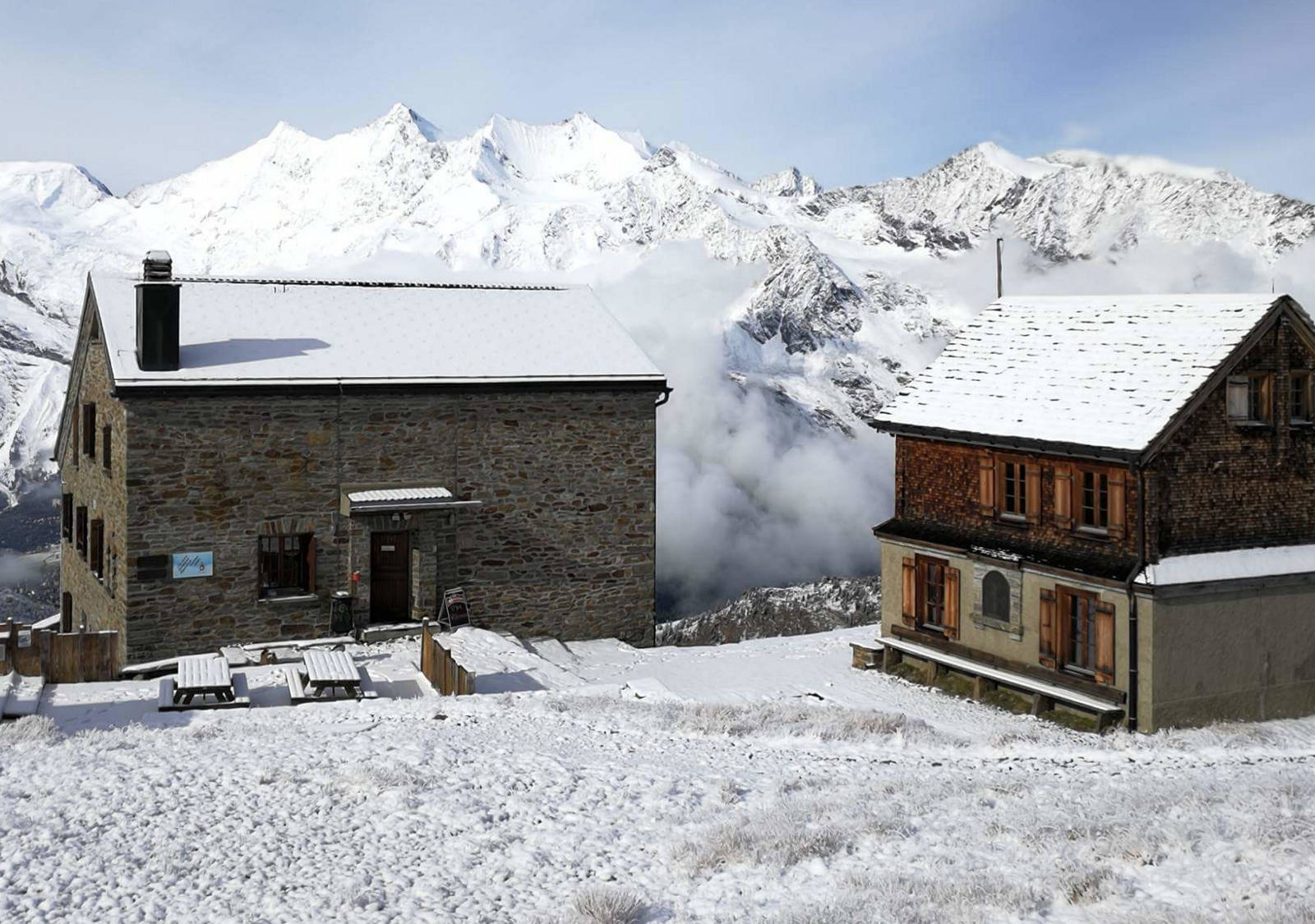Weissmies hut in the snow